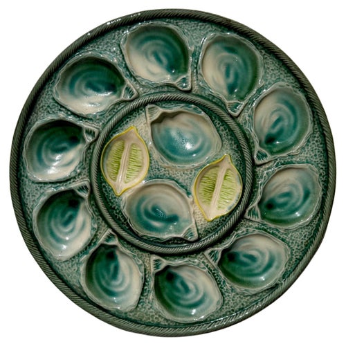 Vintage French oyster plate set, Sarreguemines, France, circa 1950